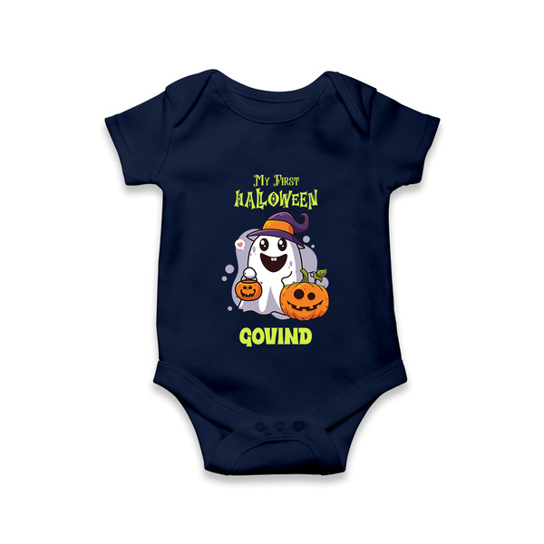 My First Halloween Ghost Print Baby Romper   - NAVY BLUE - New Born (Chest 14")