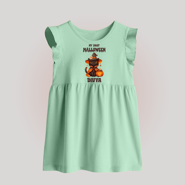 My First Halloween Witch Cat Print Baby Baby Frock  - MINT GREEN - 0 - 3 Months Old (Chest 17")