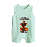 My First Halloween Witch Cat Print Baby Button Romper  - MINT GREEN - New Born (Chest 18")