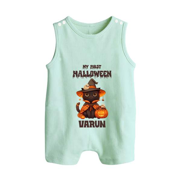My First Halloween Witch Cat Print Baby Button Romper  - MINT GREEN - New Born (Chest 18")