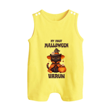 My First Halloween Witch Cat Print Baby Button Romper  - PASTEL YELLOW - New Born (Chest 18")