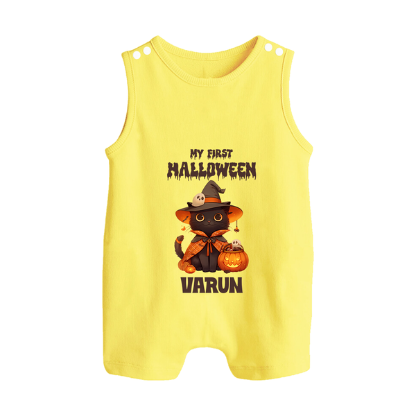 My First Halloween Witch Cat Print Baby Button Romper  - PASTEL YELLOW - New Born (Chest 18")