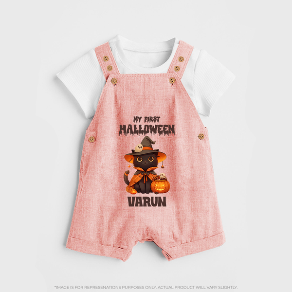 My First Halloween Witch Cat Print Baby Dungaree  - PEACH - 0 - 5 Months Old (Chest 18")
