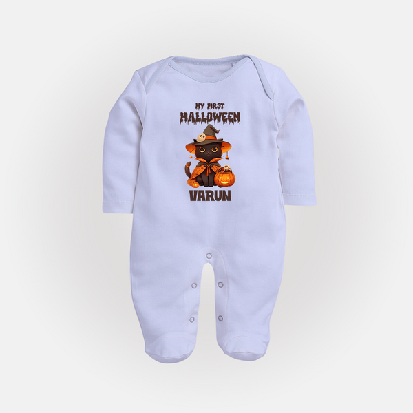 My First Halloween Witch Cat Print Baby Full Body Suit  - BABY BLUE - New Born (Chest 7.5")