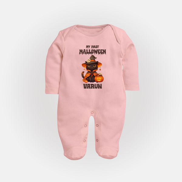 My First Halloween Witch Cat Print Baby Full Body Suit  - BABY PINK - New Born (Chest 7.5")