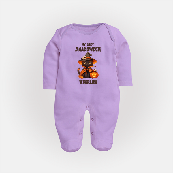 My First Halloween Witch Cat Print Baby Full Body Suit  - LILAC - New Born (Chest 7.5")