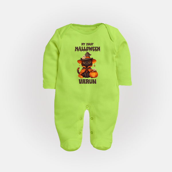My First Halloween Witch Cat Print Baby Full Body Suit  - LIME GREEN - New Born (Chest 7.5")