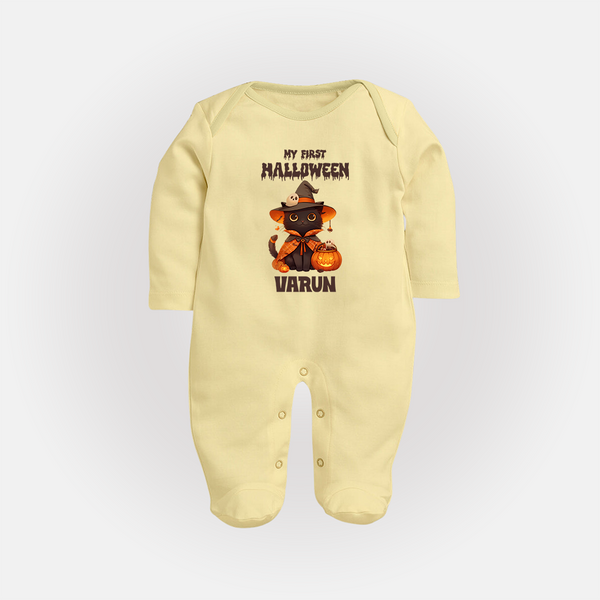 My First Halloween Witch Cat Print Baby Full Body Suit  - PASTEL YELLOW - New Born (Chest 7.5")