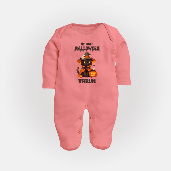 My First Halloween Witch Cat Print Baby Full Body Suit  - PEACH - New Born (Chest 7.5")