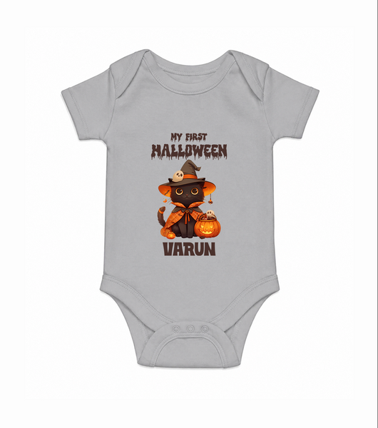 My First Halloween Witch Cat Print Baby Romper   - GREY - New Born (Chest 14")