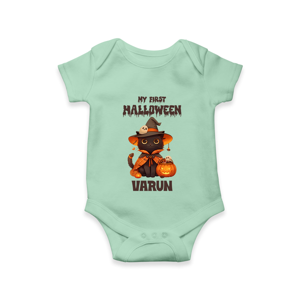My First Halloween Witch Cat Print Baby Romper   - MINT GREEN - New Born (Chest 14")