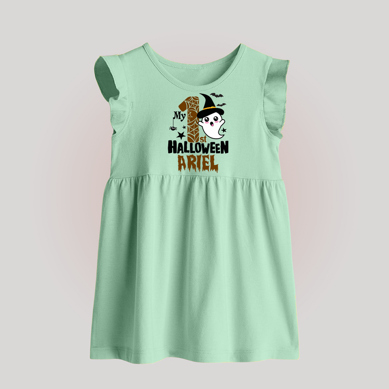 My First Trick or Treat Baby Frock | Personalized Baby Outfit for Little Ghouls - MINT GREEN - 0 - 3 Months Old (Chest 17")