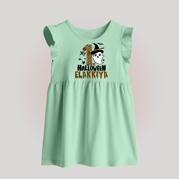My First Halloween Ghost Moon Print Baby Baby Frock  - MINT GREEN - 0 - 3 Months Old (Chest 17")