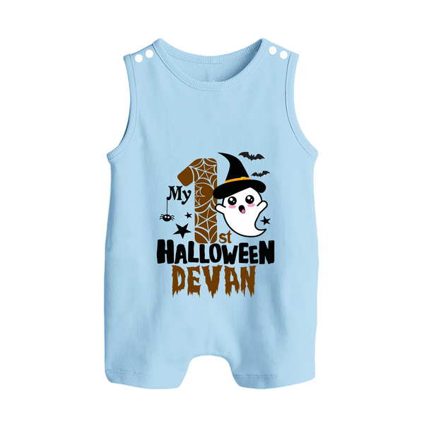 My First Halloween Ghost Moon Print Baby Button Romper  - BABY BLUE - New Born (Chest 18")
