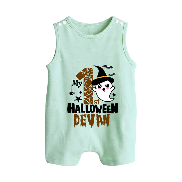 My First Halloween Ghost Moon Print Baby Button Romper  - MINT GREEN - New Born (Chest 18")