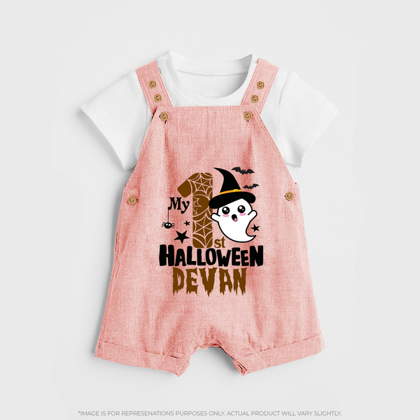 My First Halloween Ghost Moon Print Baby Dungaree  - PEACH - 0 - 5 Months Old (Chest 18")