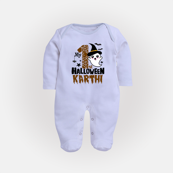 My First Trick or Treat Sleep Suit | Personalized Baby Outfit for Little Ghouls - BABY BLUE - New Born (Chest 7.5")