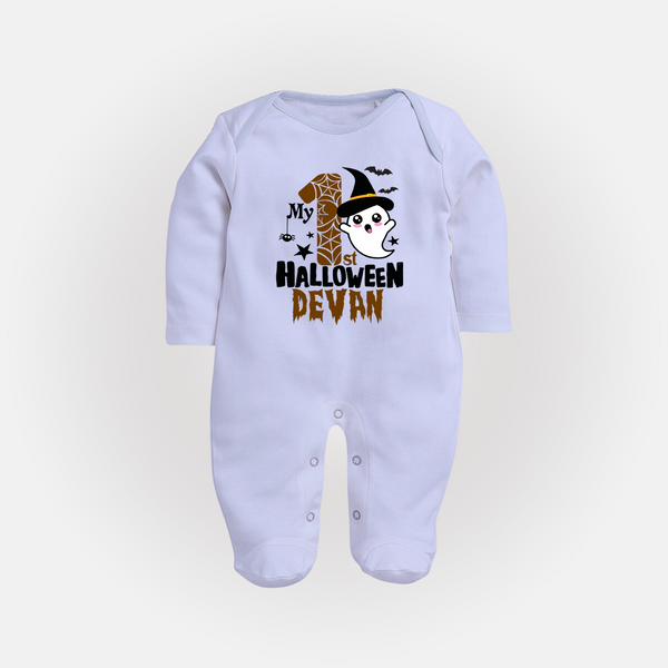 My First Halloween Ghost Moon Print Baby Full Body Suit  - BABY BLUE - New Born (Chest 7.5")