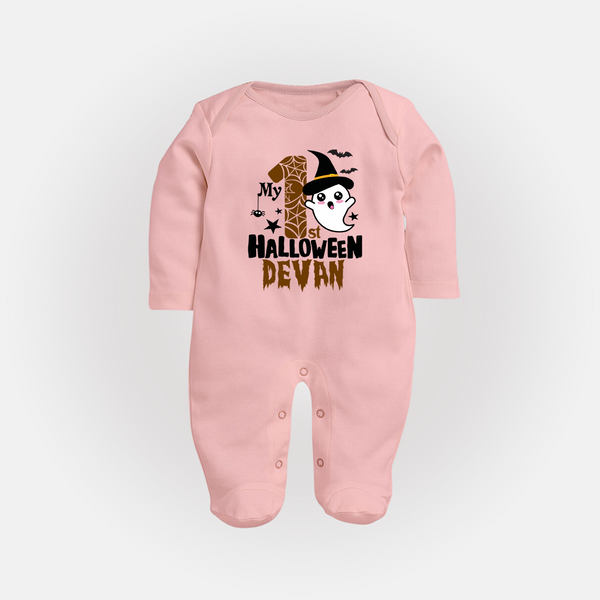 My First Halloween Ghost Moon Print Baby Full Body Suit  - BABY PINK - New Born (Chest 7.5")