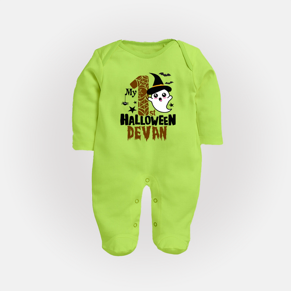 My First Halloween Ghost Moon Print Baby Full Body Suit  - LIME GREEN - New Born (Chest 7.5")