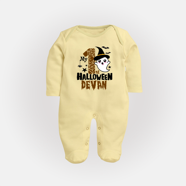 My First Halloween Ghost Moon Print Baby Full Body Suit  - PASTEL YELLOW - New Born (Chest 7.5")
