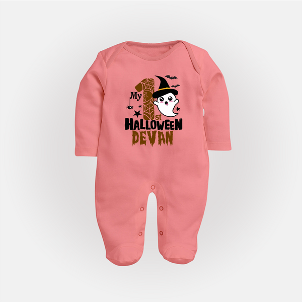 My First Halloween Ghost Moon Print Baby Full Body Suit  - PEACH - New Born (Chest 7.5")
