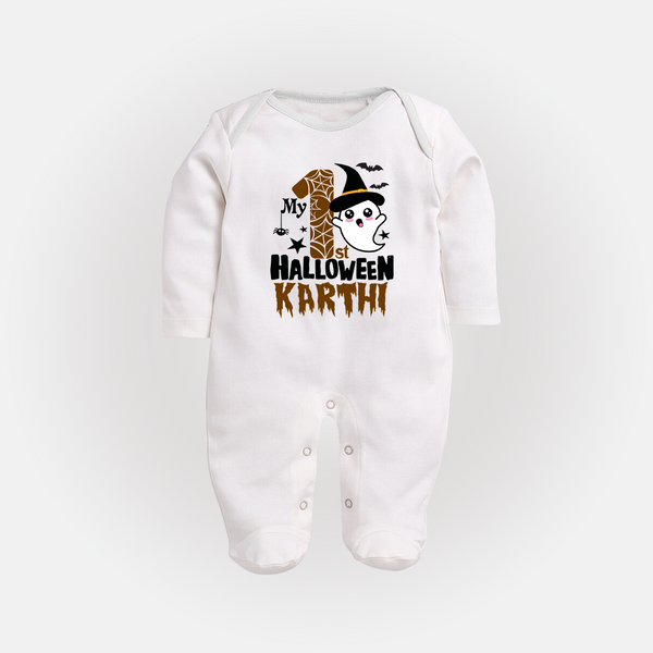 My First Trick or Treat Sleep Suit | Personalized Baby Outfit for Little Ghouls - WHITE - New Born (Chest 7.5")