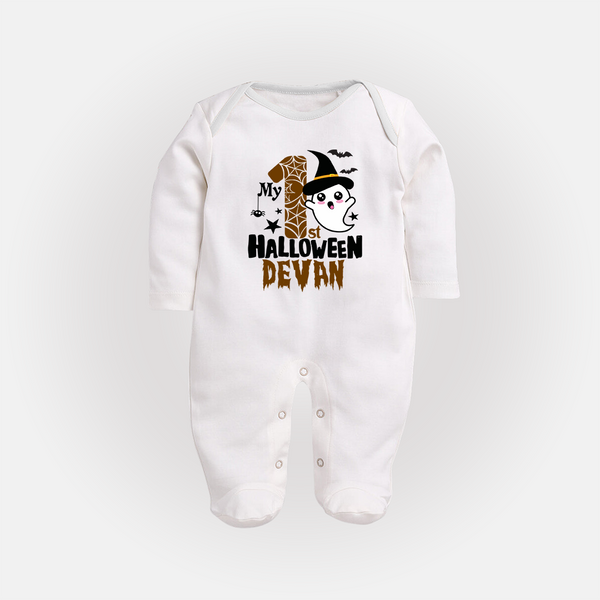 My First Halloween Ghost Moon Print Baby Full Body Suit  - WHITE - New Born (Chest 7.5")