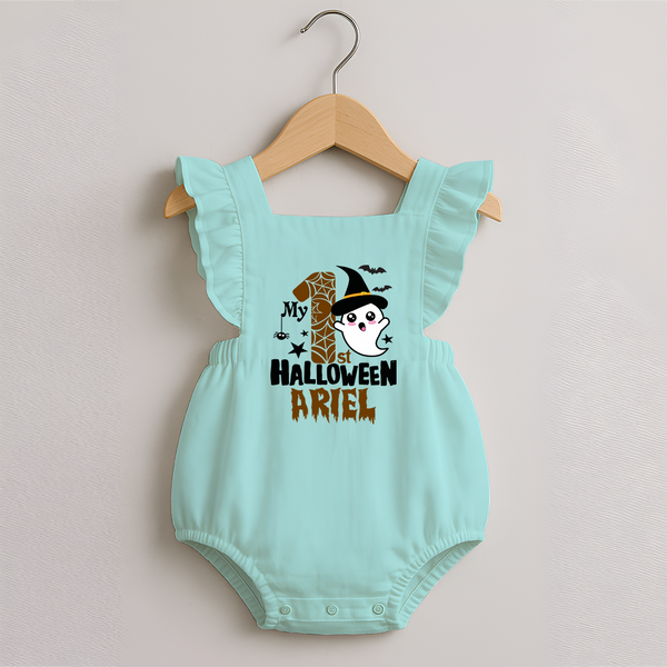 My First Trick or Treat Romper Frock | Personalized Baby Outfit for Little Ghouls - MINT GREEN - 0 - 3 Months Old (Chest 19")