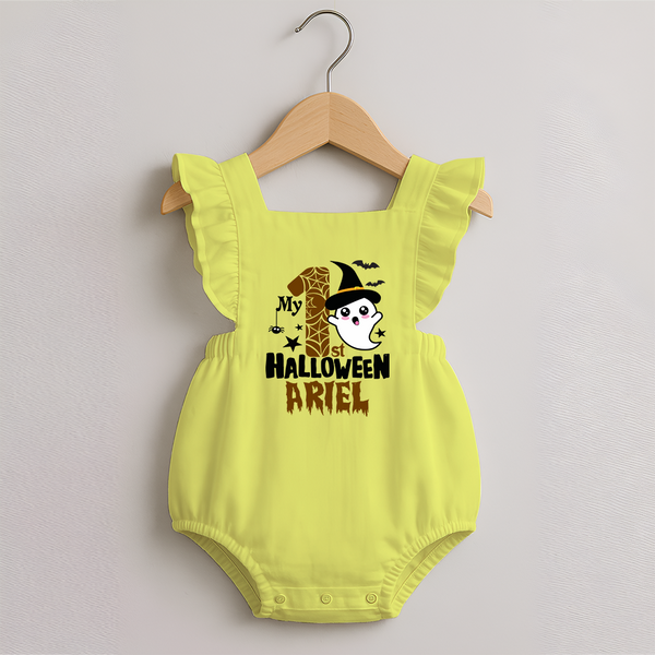 My First Trick or Treat Romper Frock | Personalized Baby Outfit for Little Ghouls - PASTEL YELLOW - 0 - 3 Months Old (Chest 19")