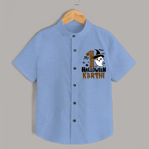 My First Trick or Treat Shirt | Personalized Baby Outfit for Little Ghouls - SKY BLUE - 0 - 6 Months Old (Chest 23")