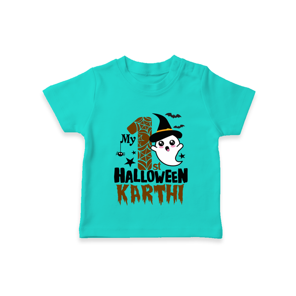 My First Trick or Treat Tshirt | Personalized Baby Outfit for Little Ghouls - TEAL - 0-5 Months Old (Chest 17")