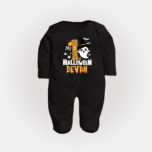 My First Halloween Ghost Moon Print Baby Full Body Suit  - BLACK - New Born (Chest 7.5")