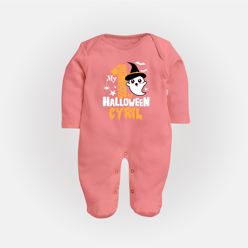 My First Trick or Treat Sleep Suit | Personalized Baby Outfit for Little Ghouls - PEACH - New Born (Chest 7.5")