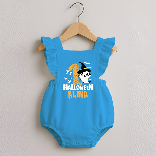 My First Trick or Treat Romper Frock | Personalized Baby Outfit for Little Ghouls - SKY BLUE - 0 - 3 Months Old (Chest 19")