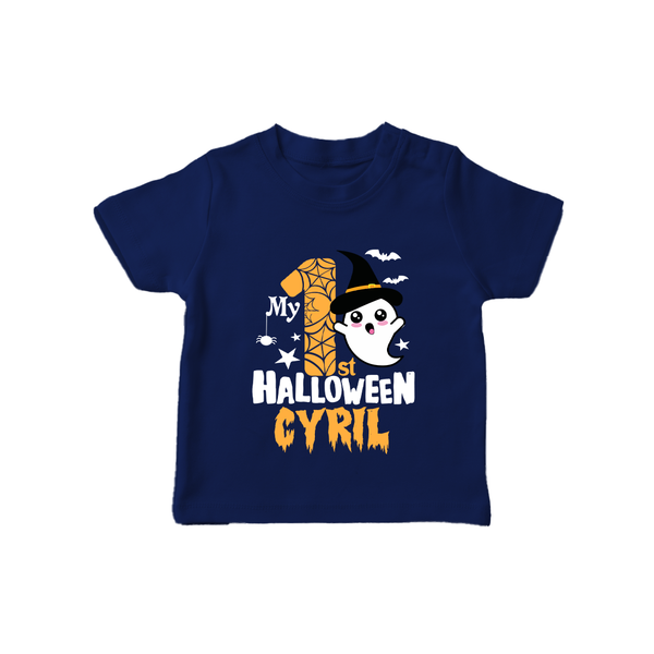 My First Trick or Treat Tshirt | Personalized Baby Outfit for Little Ghouls - NAVY BLUE - 0-5 Months Old (Chest 17")