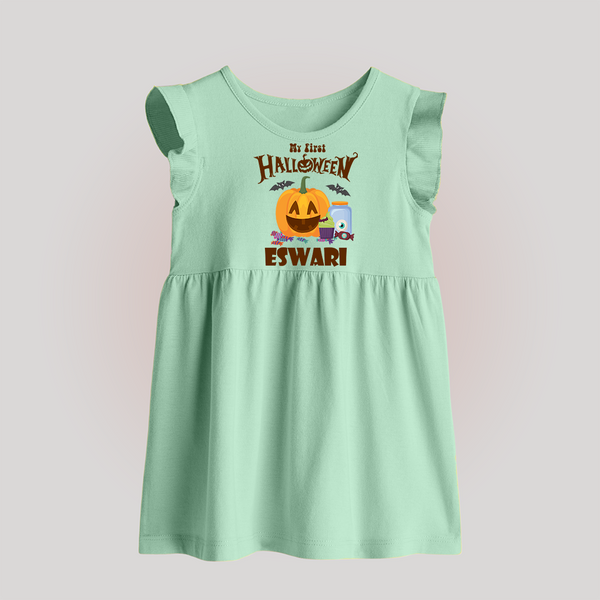 My First Halloween Pumpkin Treat Print Baby Baby Frock  - MINT GREEN - 0 - 3 Months Old (Chest 17")