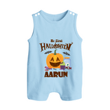 My First Halloween Pumpkin Treat Print Baby Button Romper  - BABY BLUE - New Born (Chest 18")