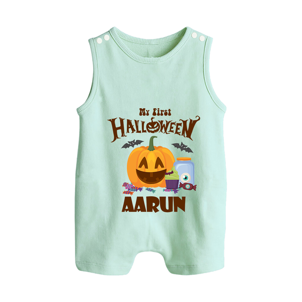 My First Halloween Pumpkin Treat Print Baby Button Romper  - MINT GREEN - New Born (Chest 18")