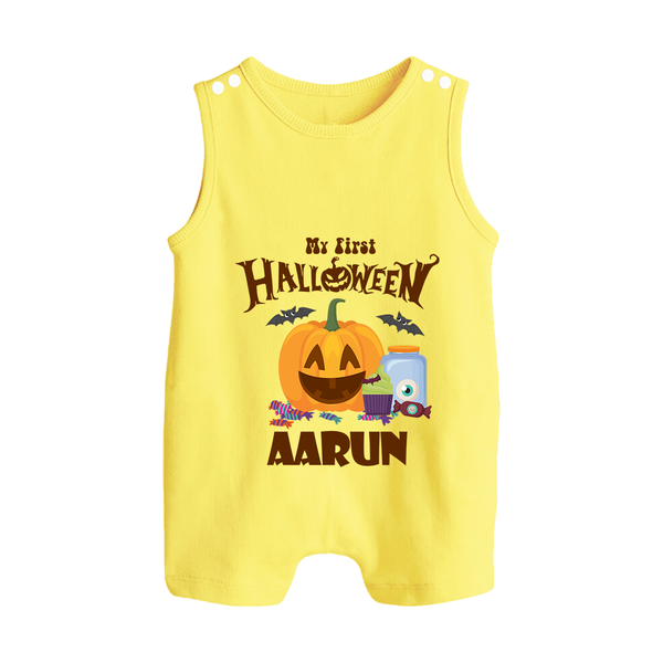 My First Halloween Pumpkin Treat Print Baby Button Romper  - PASTEL YELLOW - New Born (Chest 18")