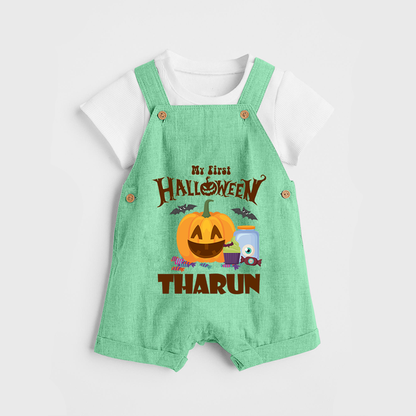 My First Witch in Training Dungaree Set | Personalized Baby Dungaree Set for Halloween - GREEN - 0 - 5 Months Old (Chest 18")