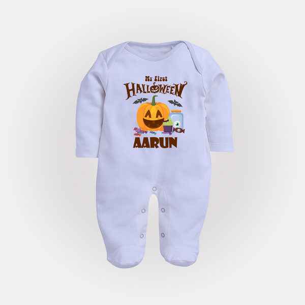 My First Halloween Pumpkin Treat Print Baby Full Body Suit  - BABY BLUE - New Born (Chest 7.5")