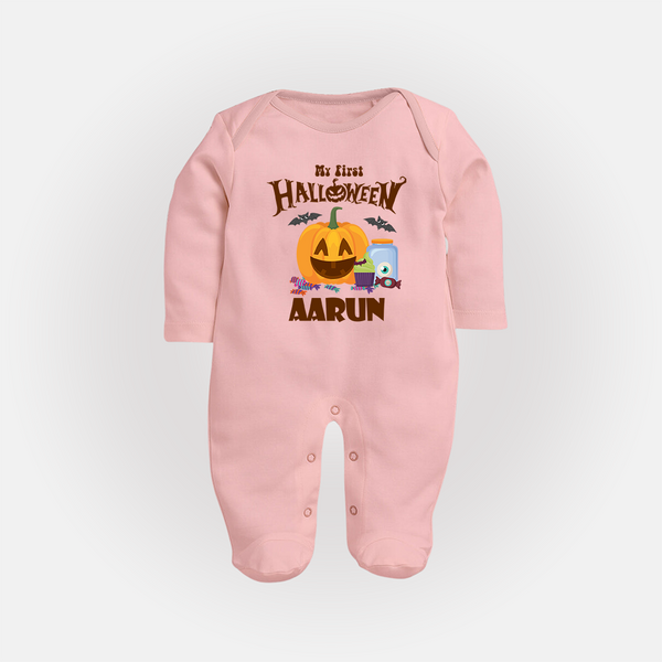 My First Halloween Pumpkin Treat Print Baby Full Body Suit  - BABY PINK - New Born (Chest 7.5")