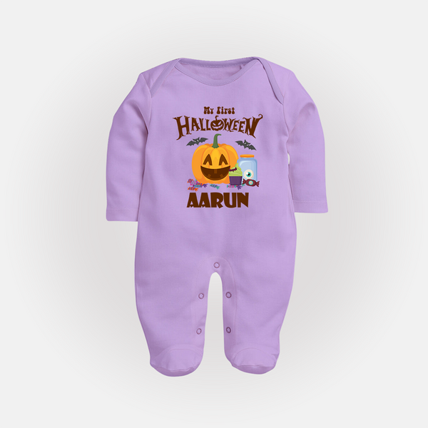 My First Halloween Pumpkin Treat Print Baby Full Body Suit  - LILAC - New Born (Chest 7.5")
