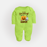 My First Halloween Pumpkin Treat Print Baby Full Body Suit  - LIME GREEN - New Born (Chest 7.5")