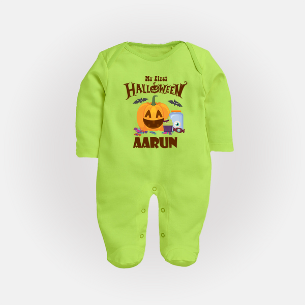 My First Halloween Pumpkin Treat Print Baby Full Body Suit  - LIME GREEN - New Born (Chest 7.5")