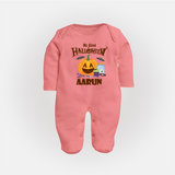 My First Halloween Pumpkin Treat Print Baby Full Body Suit  - PEACH - New Born (Chest 7.5")