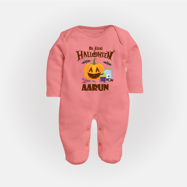 My First Halloween Pumpkin Treat Print Baby Full Body Suit  - PEACH - New Born (Chest 7.5")