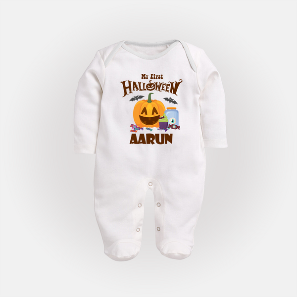 My First Halloween Pumpkin Treat Print Baby Full Body Suit  - WHITE - New Born (Chest 7.5")