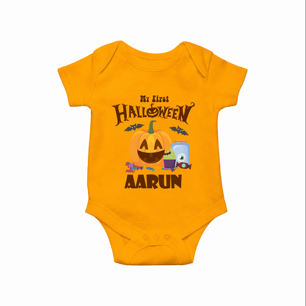My First Halloween Pumpkin Treat Print Baby Romper   - CHROME YELLOW - New Born (Chest 14")